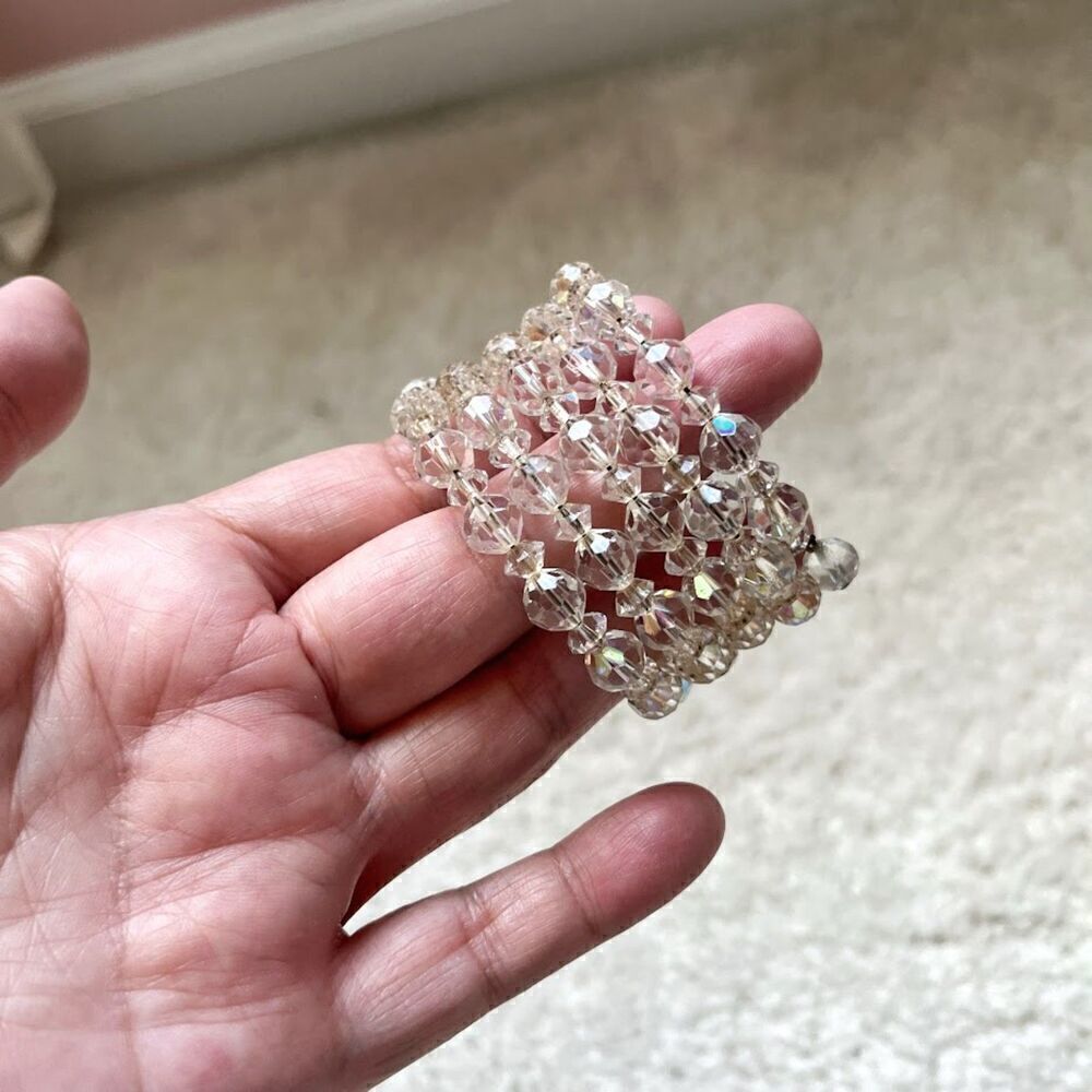 Vintage White/Silver Clear Faceted Crystal Stretch Wire Cuff Bracelet